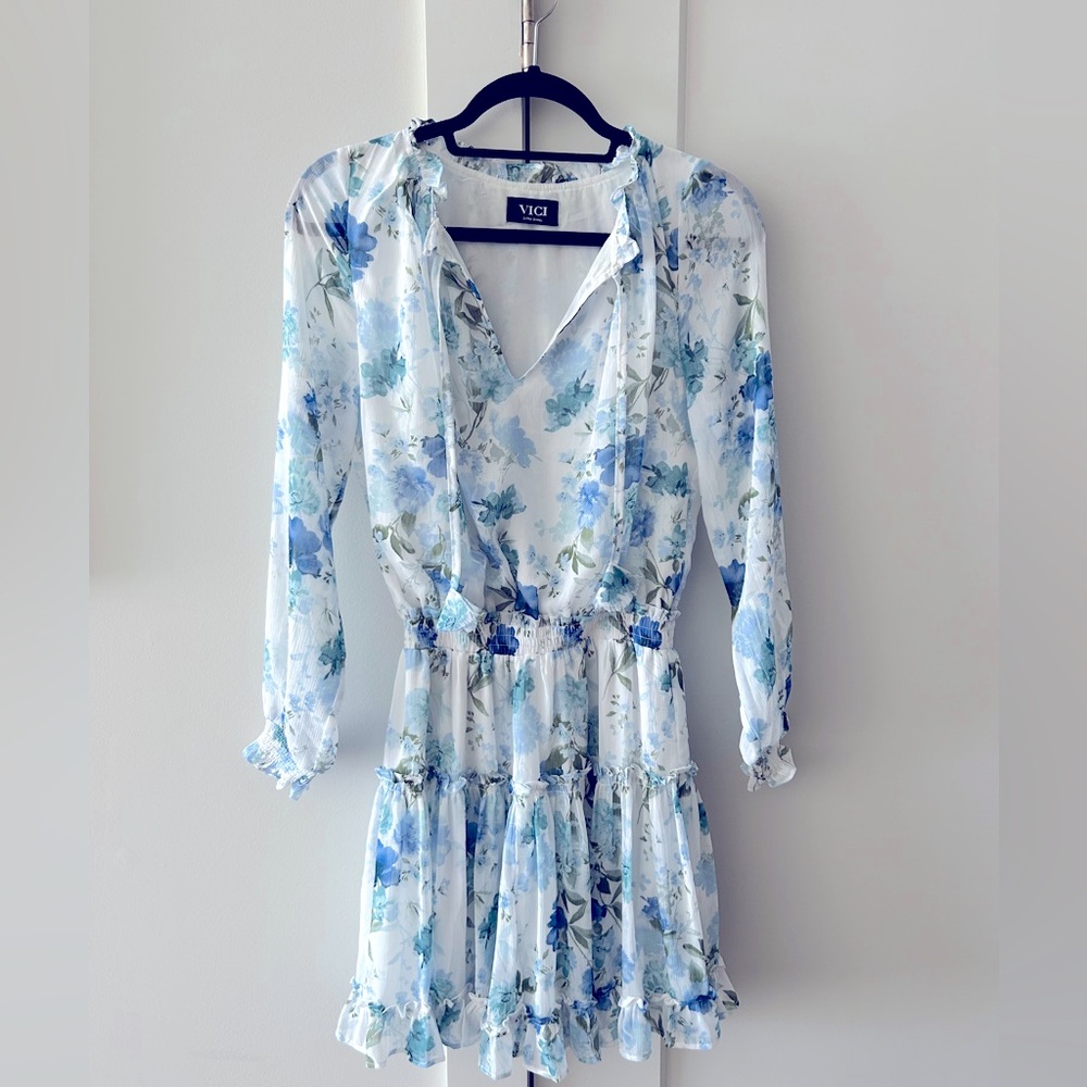 Vici Long Sleeve Mini Ruffle Blue and White Floral Dress